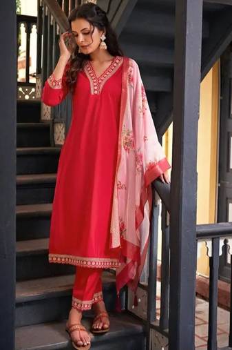 Stylish designer rayon biscuit slub fabric embroidery work kurta set with chanderi jaquard dupatta