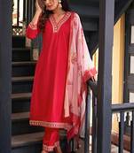 Red Rayon embroidery work kurta set with chanderi jaquard dupatta
