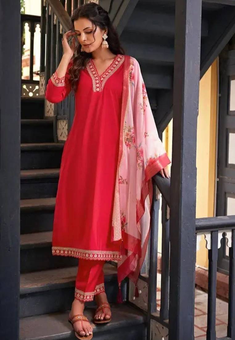 Stylish designer rayon biscuit slub fabric embroidery work kurta set with chanderi jaquard dupatta