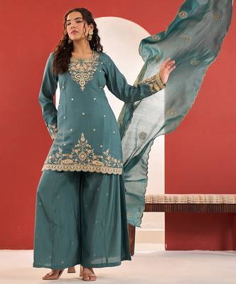 Yufta turquoise blue embroidered straight kurta palazzo dupatta set 1