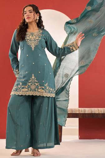 Yufta turquoise blue embroidered straight kurta palazzo dupatta set