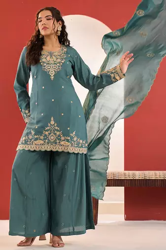 Yufta turquoise blue embroidered straight kurta palazzo dupatta set