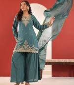 Yufta turquoise blue embroidered straight kurta palazzo dupatta set
