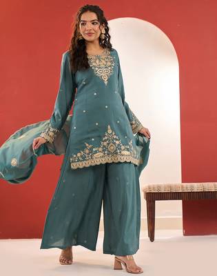 Yufta turquoise blue embroidered straight kurta palazzo dupatta set 2