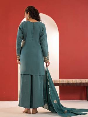 Yufta turquoise blue embroidered straight kurta palazzo dupatta set 3