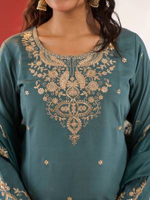 Yufta turquoise blue embroidered straight kurta palazzo dupatta set 4