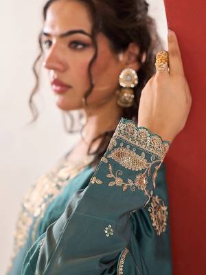 Yufta turquoise blue embroidered straight kurta palazzo dupatta set 5