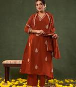 orange mul chanderi a-line kurta trouser set