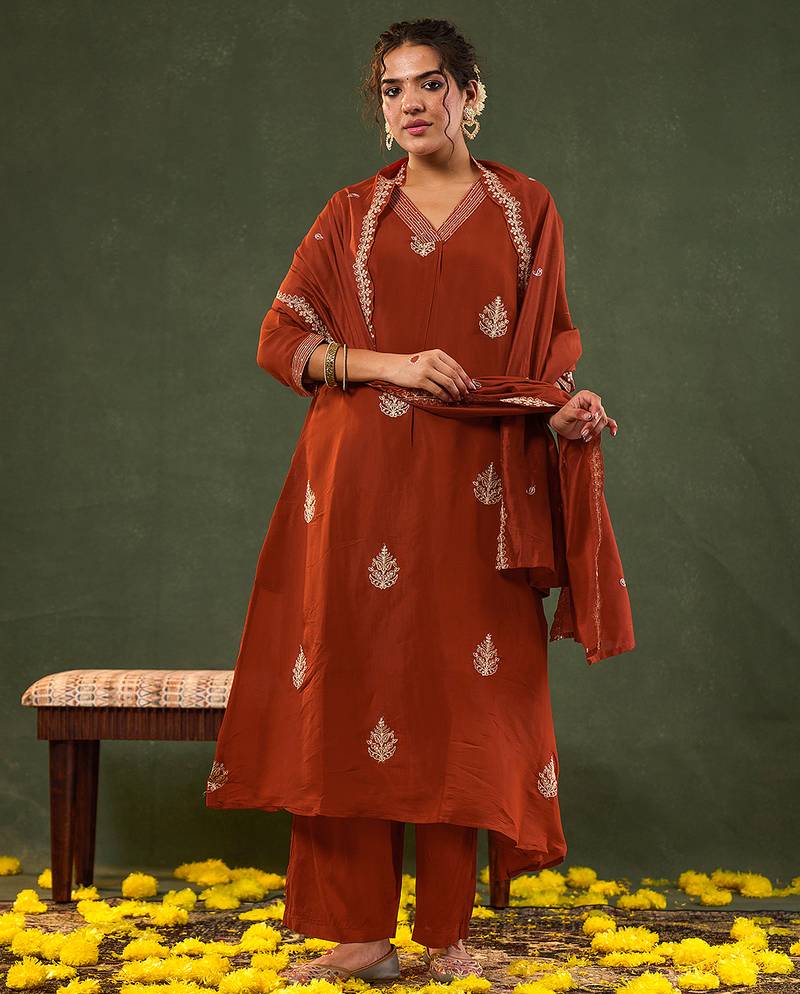 Yufta orange mul chanderi a-line kurta trouser set