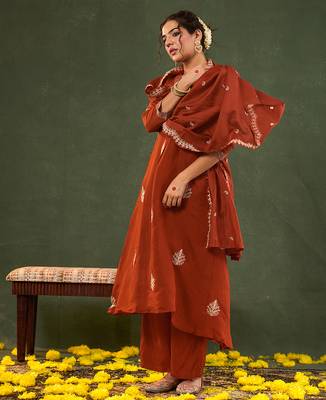 orange mul chanderi a-line kurta trouser set 2