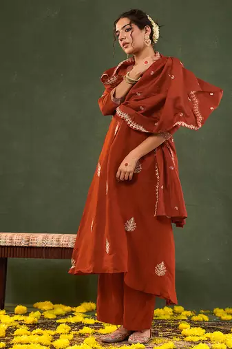 orange mul chanderi a-line kurta trouser set