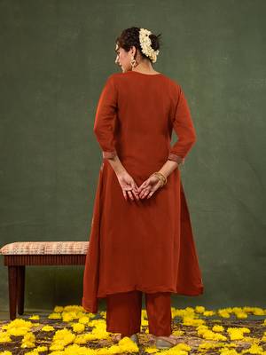 orange mul chanderi a-line kurta trouser set 3