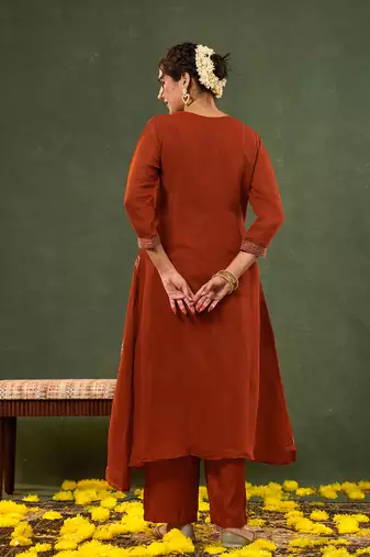 orange mul chanderi a-line kurta trouser set