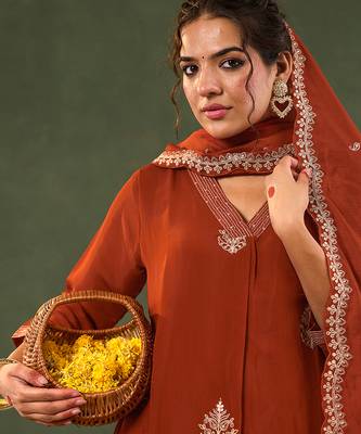 orange mul chanderi a-line kurta trouser set 5