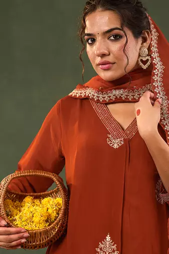 orange mul chanderi a-line kurta trouser set
