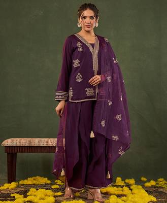 burgundy embroidered straight silk blend long sleeves kurti palazzo dupatta set 1