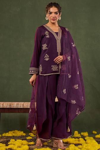 Yufta burgundy embroidered straight silk blend long sleeves kurti palazzo dupatta set