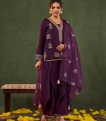 burgundy embroidered straight silk blend long sleeves kurti palazzo dupatta set