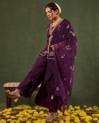 burgundy embroidered straight silk blend long sleeves kurti palazzo dupatta set 2