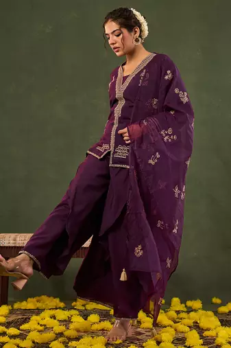burgundy embroidered straight silk blend long sleeves kurti palazzo dupatta set