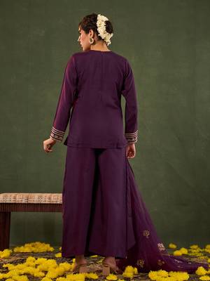 burgundy embroidered straight silk blend long sleeves kurti palazzo dupatta set 3