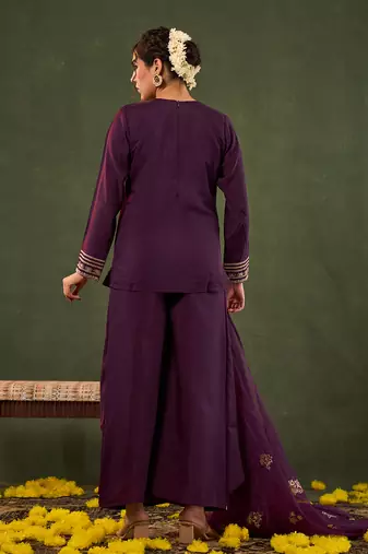 burgundy embroidered straight silk blend long sleeves kurti palazzo dupatta set