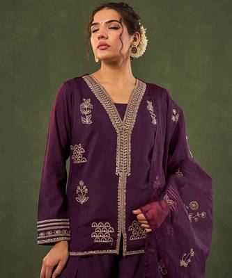 burgundy embroidered straight silk blend long sleeves kurti palazzo dupatta set 4