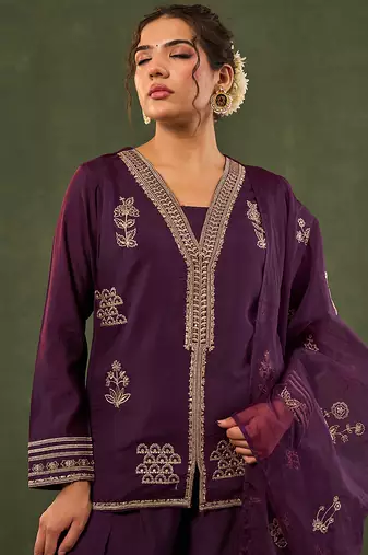 burgundy embroidered straight silk blend long sleeves kurti palazzo dupatta set