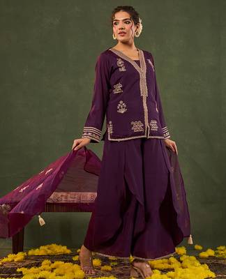 burgundy embroidered straight silk blend long sleeves kurti palazzo dupatta set 5