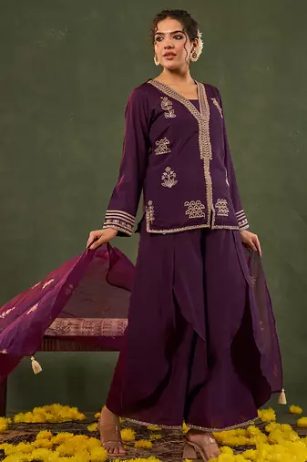 burgundy embroidered straight silk blend long sleeves kurti palazzo dupatta set