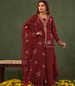 red embroidered straight silk blend long sleeves kurti palazzo dupatta set