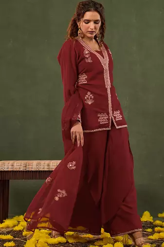 red embroidered straight silk blend long sleeves kurti palazzo dupatta set