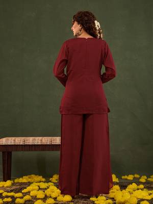 red embroidered straight silk blend long sleeves kurti palazzo dupatta set 3