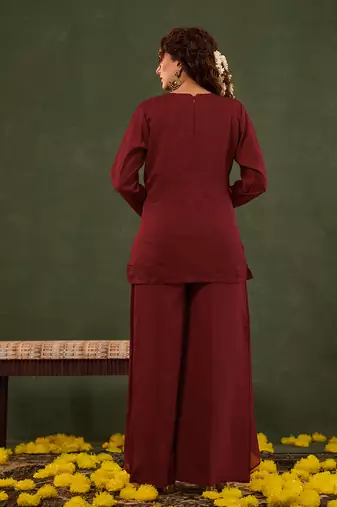red embroidered straight silk blend long sleeves kurti palazzo dupatta set