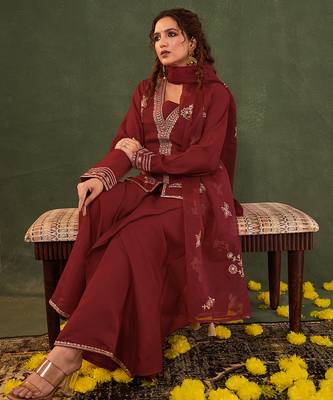 red embroidered straight silk blend long sleeves kurti palazzo dupatta set 5