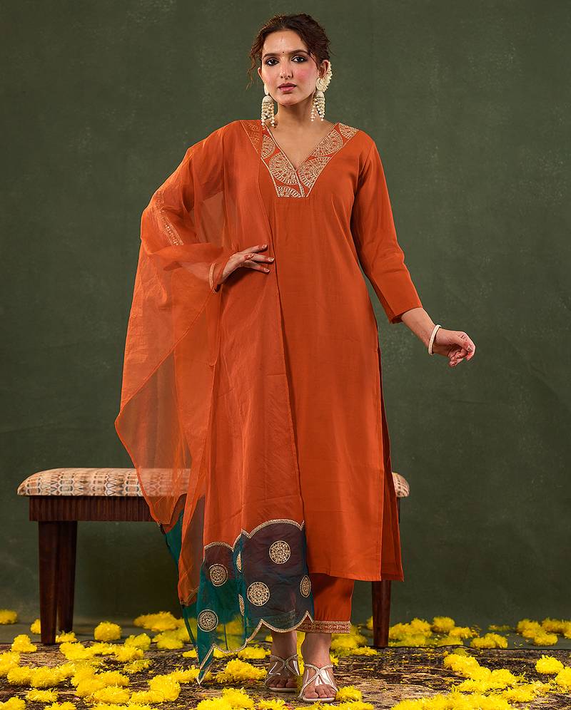 Yufta orange silk blend kurta set with embroidery