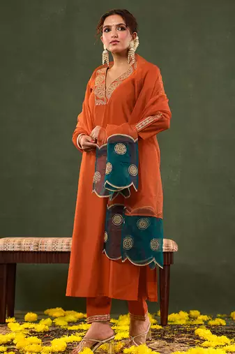 orange silk blend kurta set with embroidery
