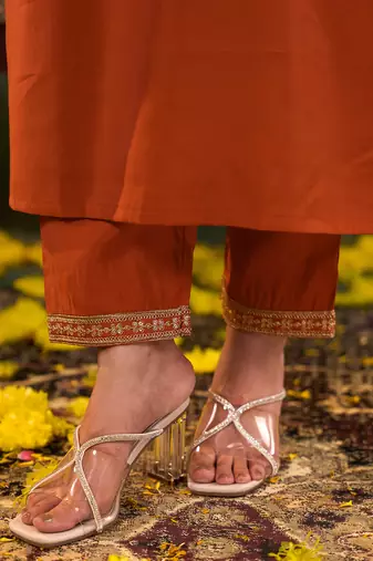 orange silk blend kurta set with embroidery