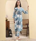 blue textured print straight kurta trouser set