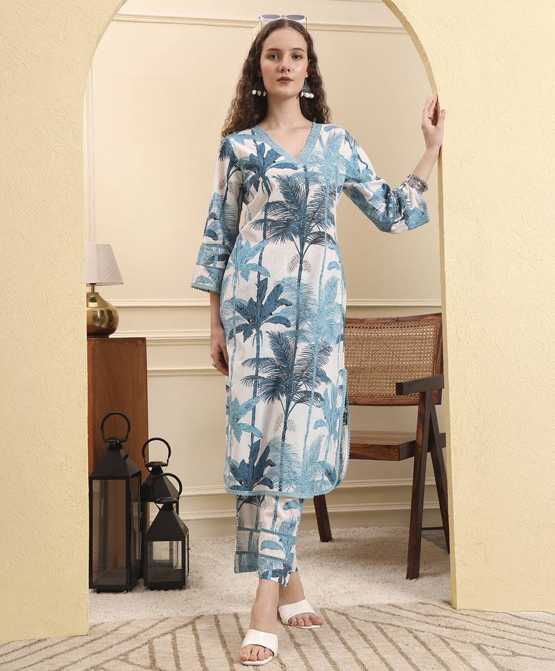 Yufta blue textured print straight kurta trouser set