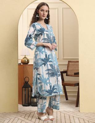 blue textured print straight kurta trouser set 2