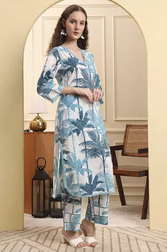blue textured print straight kurta trouser set