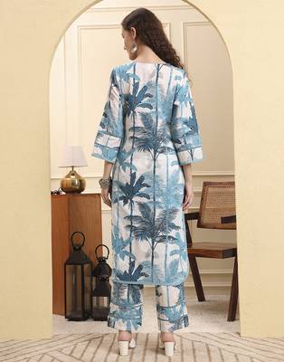 blue textured print straight kurta trouser set 3
