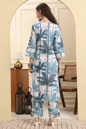 blue textured print straight kurta trouser set