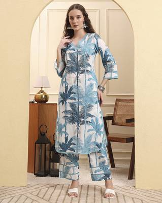 blue textured print straight kurta trouser set 5