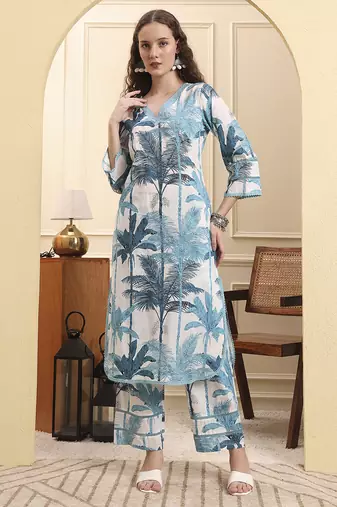 blue textured print straight kurta trouser set