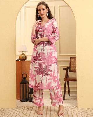 pink textured print straight kurta trouser set 1
