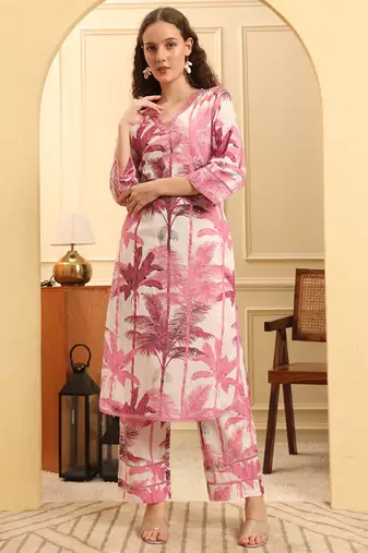 Yufta pink textured print straight kurta trouser set
