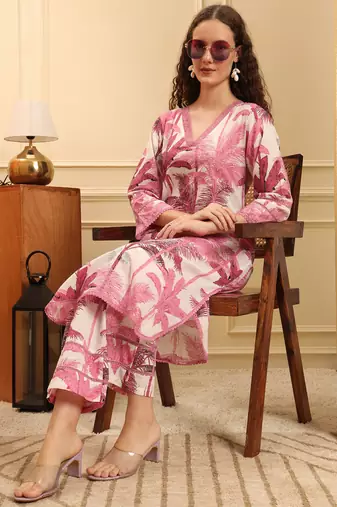 pink textured print straight kurta trouser set
