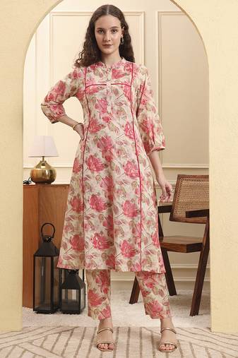 Yufta pink floral print linen a-line kurta trouser set
